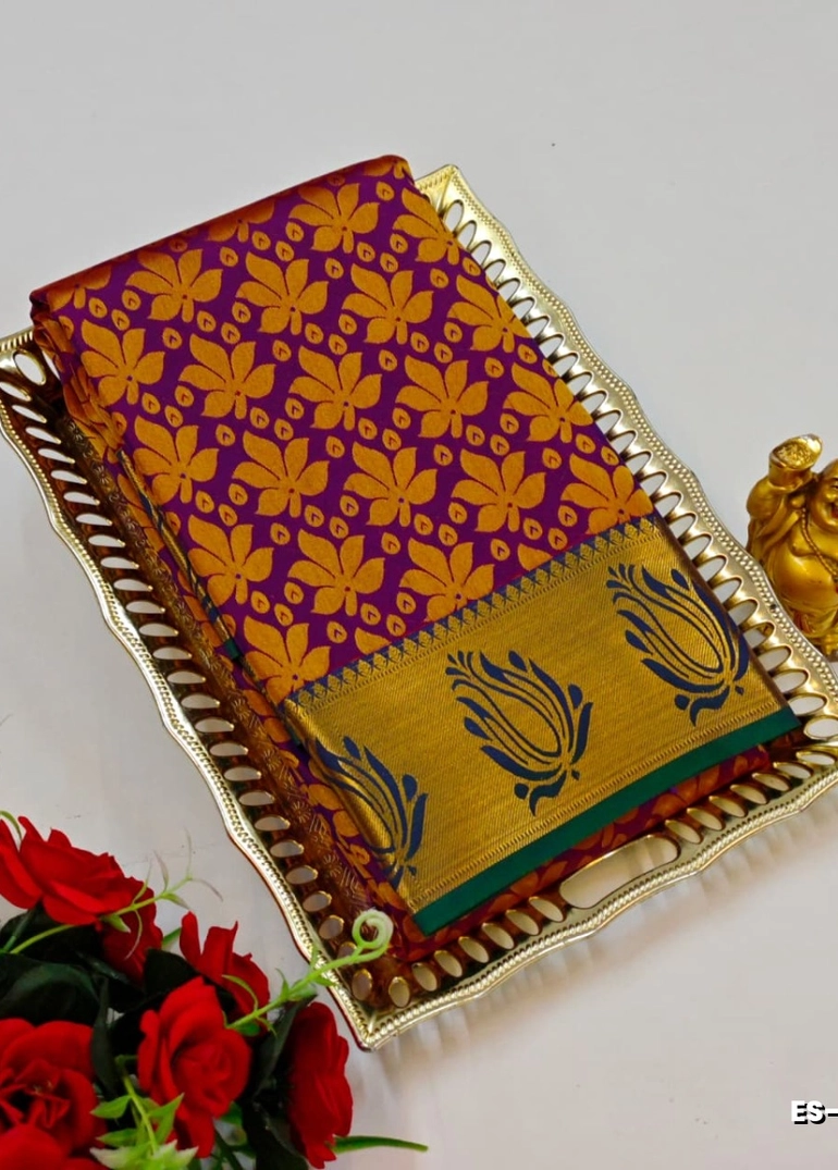 Bridal silk gold silvar and copper zari weave and wedding art silk sarees - purple colour